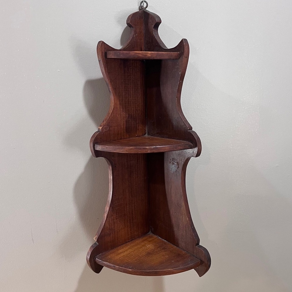 Vtg Dark Wood Corner Shelf 3 Tier Scalloped Wall Hanging Curio Display 24in